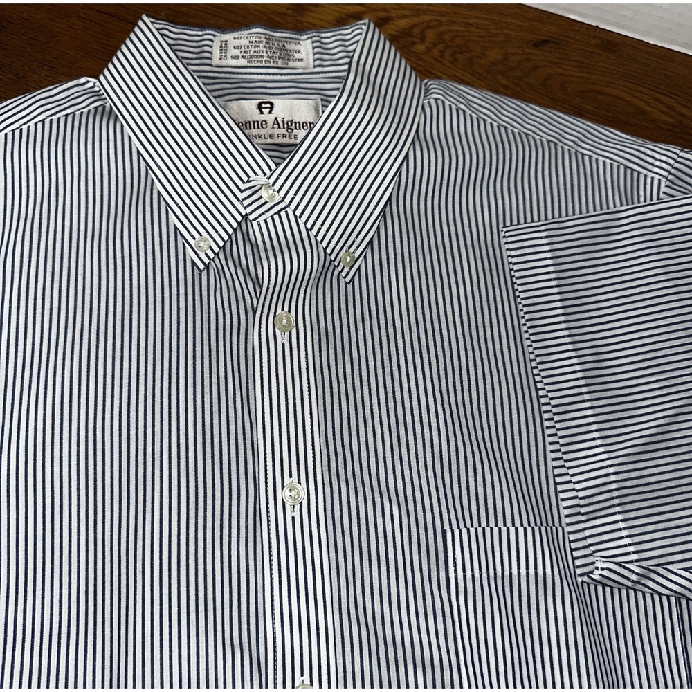 VTG Etienne Aigner Button‎ Down Shirt Mens Sz 16 White Blue Stripes Short Sleeve
